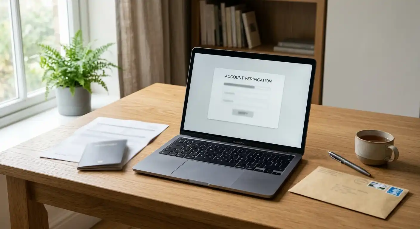 Neutrale Prüfliste mit Laptop und Dokumenten für KYC und Auszahlung