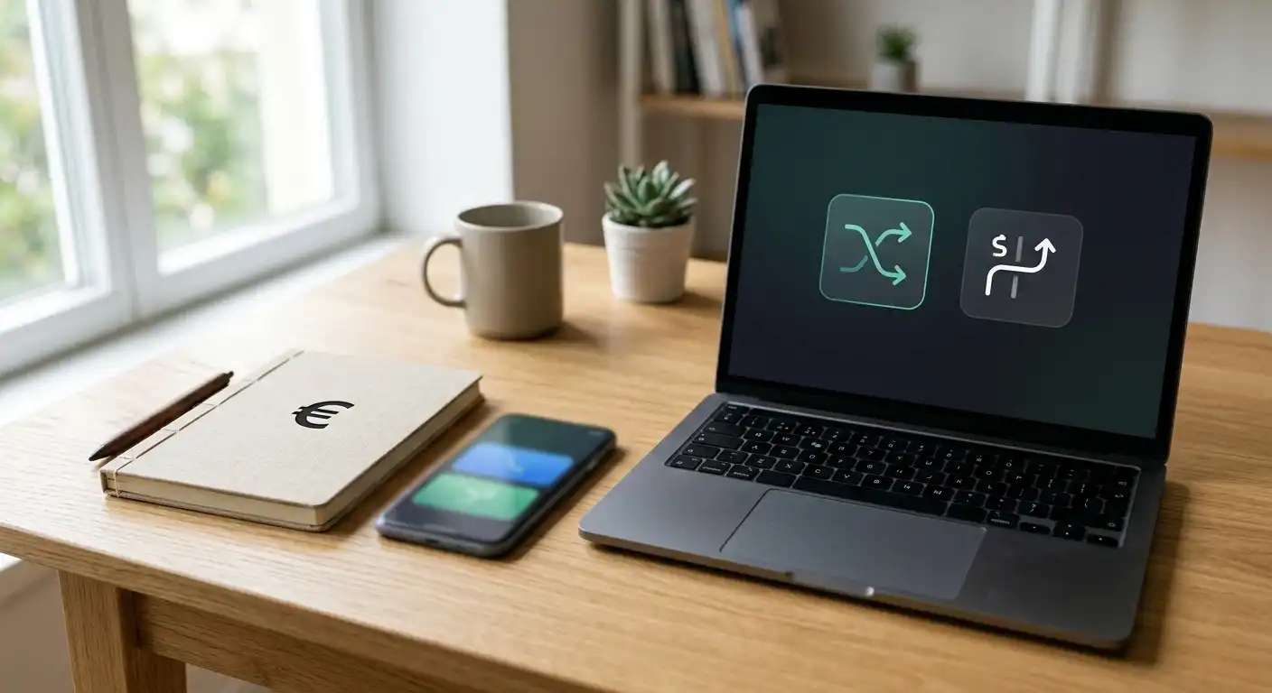Schreibtisch mit Smartphone und neutralen Symbolen für mehrere Zahlungsmethoden