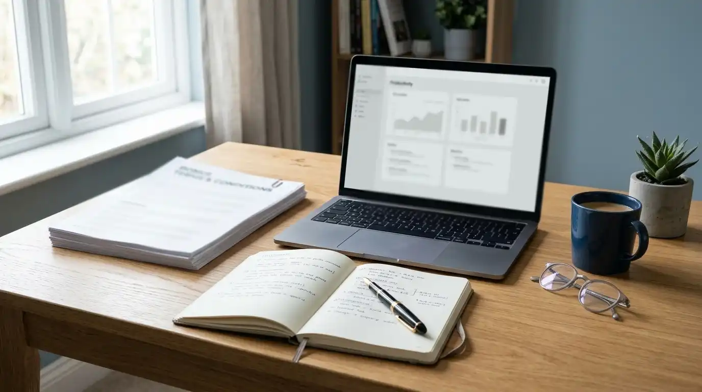 Schreibtisch mit geöffnetem Laptop, daneben ein Stapel gedruckter AGBs und ein Notizbuch mit Stift