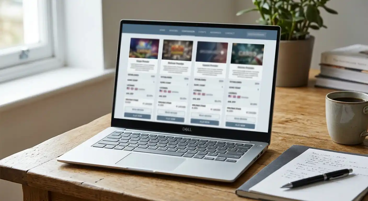 Vergleich mehrerer neutraler Casino-Angebote auf einem Laptop