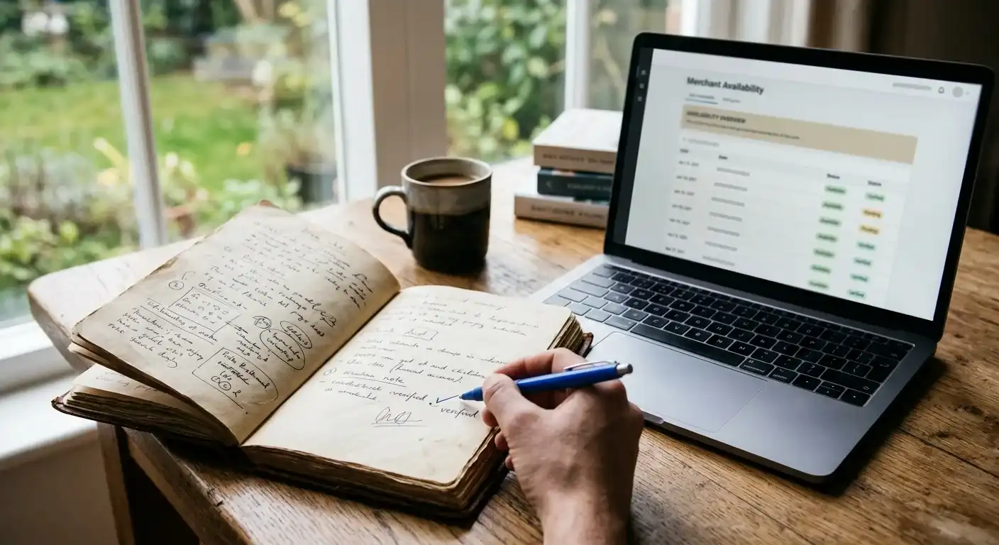 Neutrales Notizbuch mit datierten Quellen und geprüfter Zahlungsinformation
