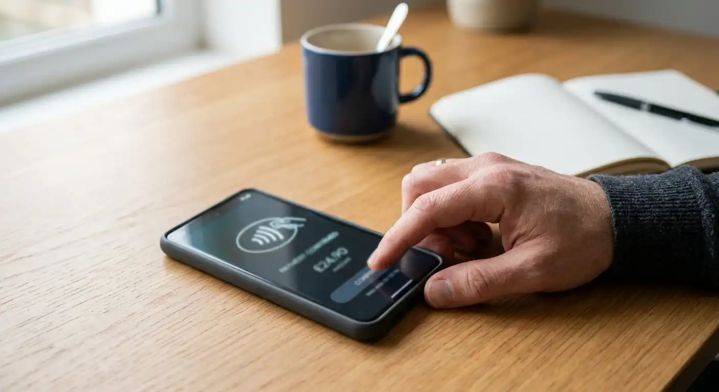 Person bestätigt eine digitale Zahlung auf einem Smartphone in ruhiger Umgebung