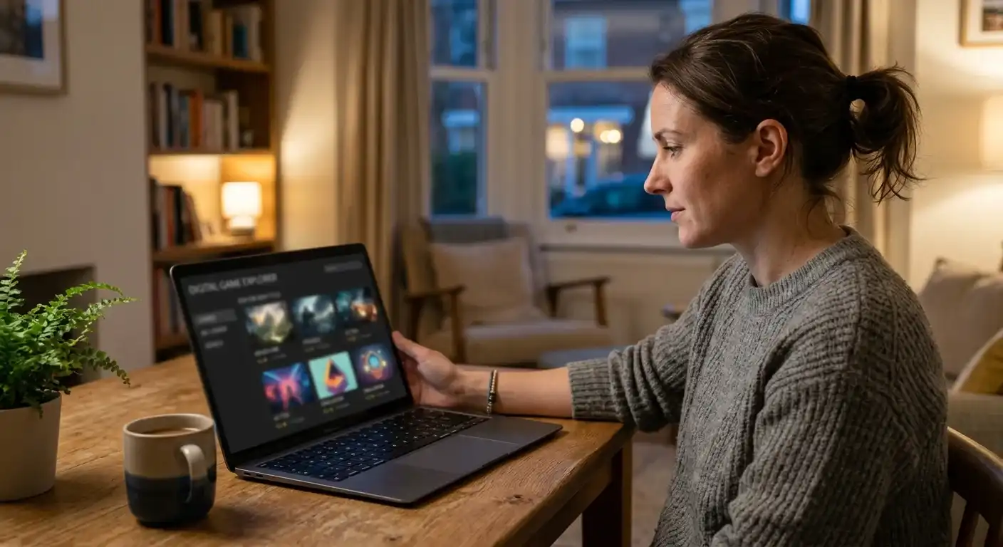 Neutrale Spielauswahl auf einem Laptop ohne erkennbare Markenlogos