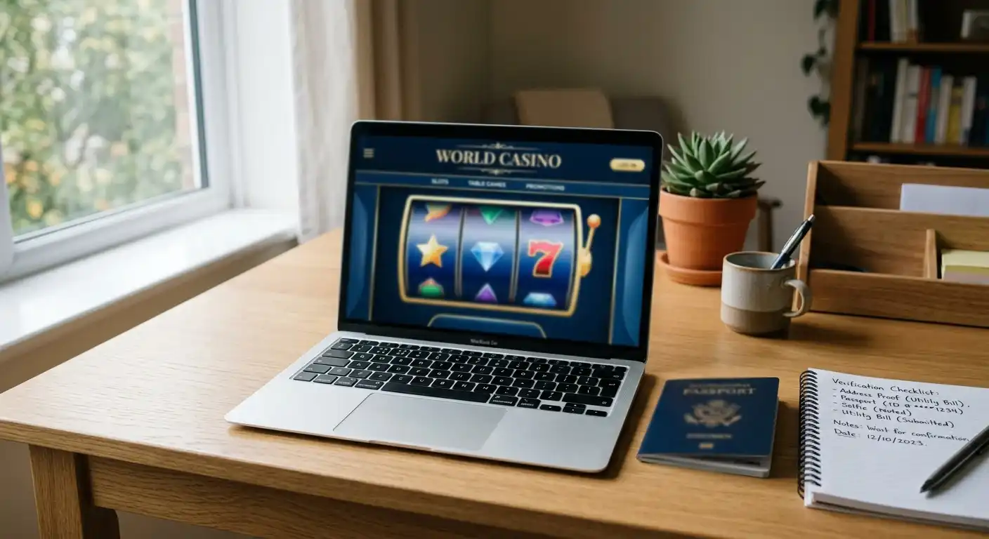 Neutraler Laptop mit internationaler Casinoseite und Prüfnotizen