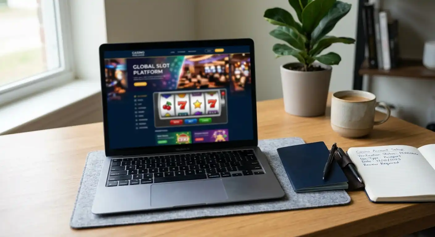 Neutraler Laptop mit internationaler Casinoseite und Prüfnotizen