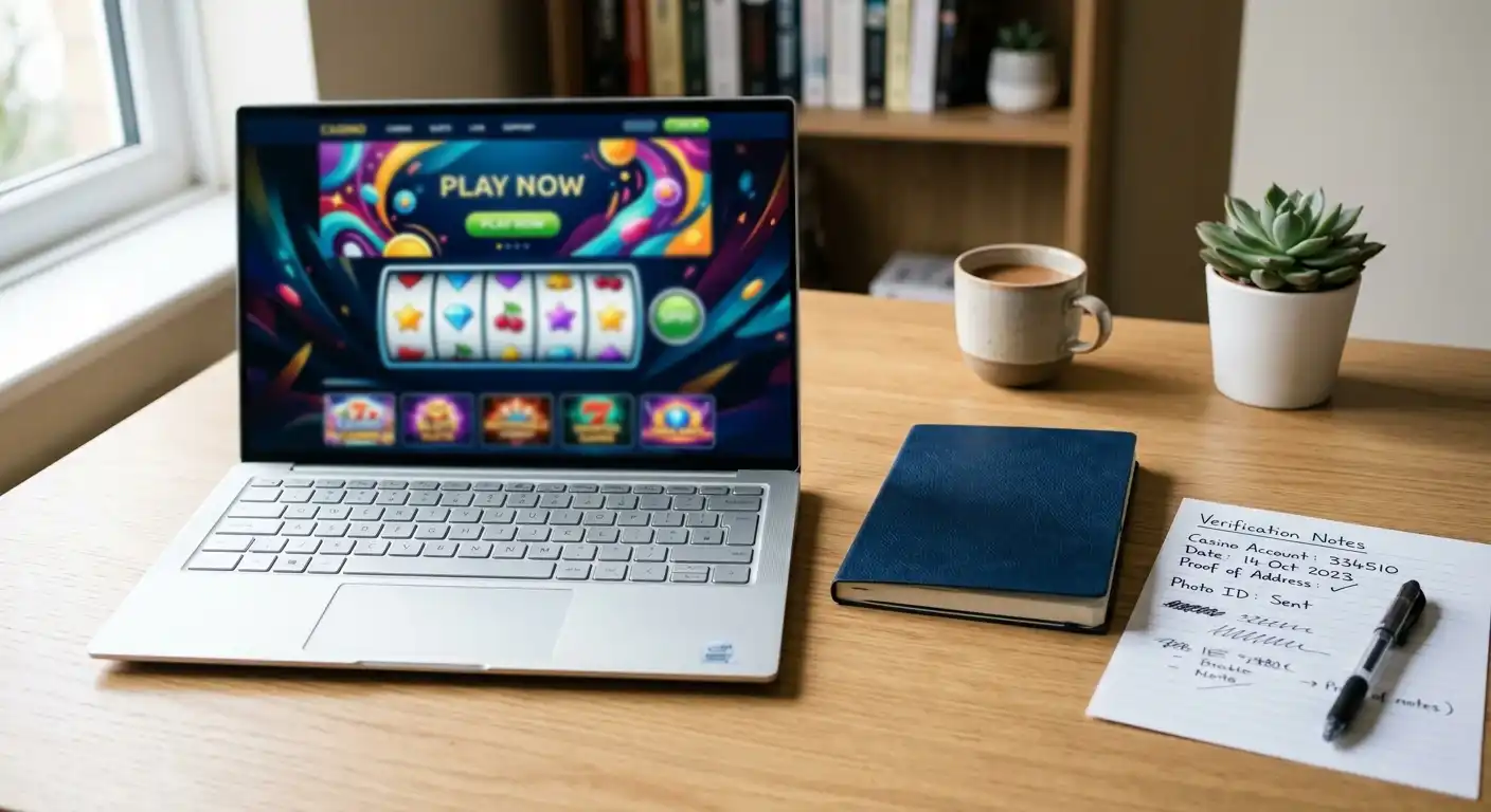 Neutraler Laptop mit internationaler Casinoseite und Prüfnotizen