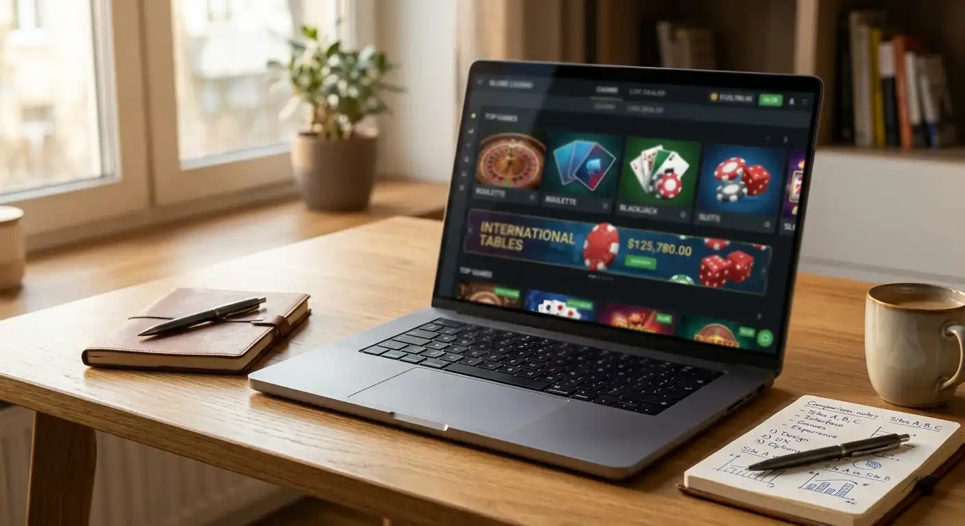 Laptop mit neutraler internationaler Casinoansicht und Vergleichsnotizen