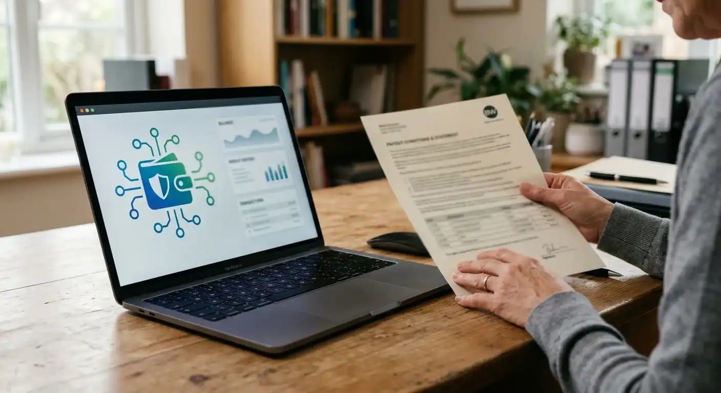 Neutrale Auszahlungssymbole mit Bankkonto und E-Wallet ohne erkennbare Marken