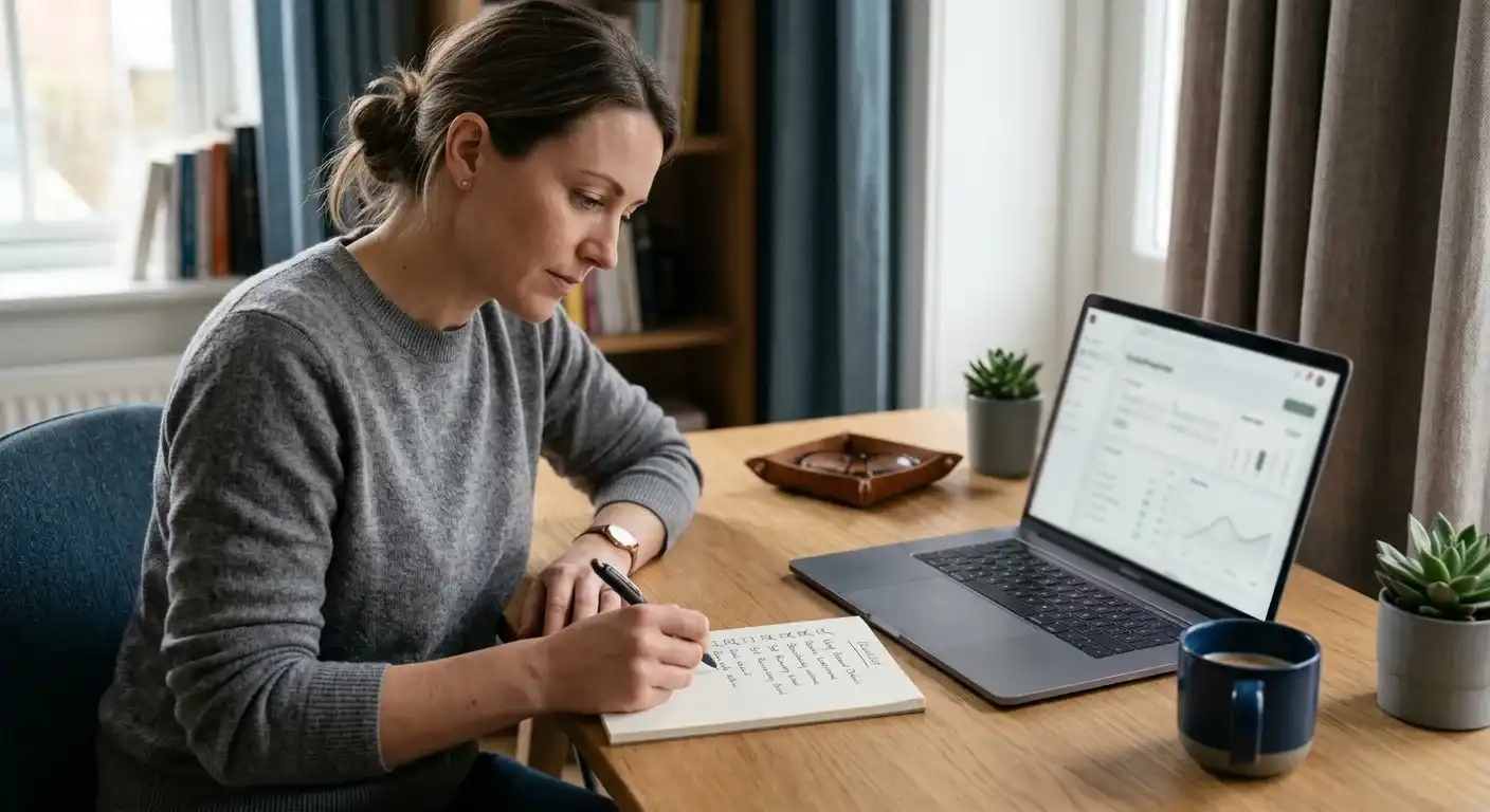 Person arbeitet eine übersichtliche Prüfungsliste für ein Onlinekonto am Laptop ab