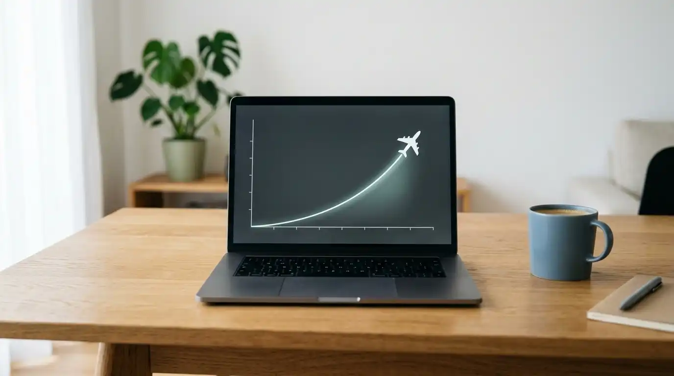 Flugzeugkurve eines Crash-Games auf neutralem Laptopbildschirm