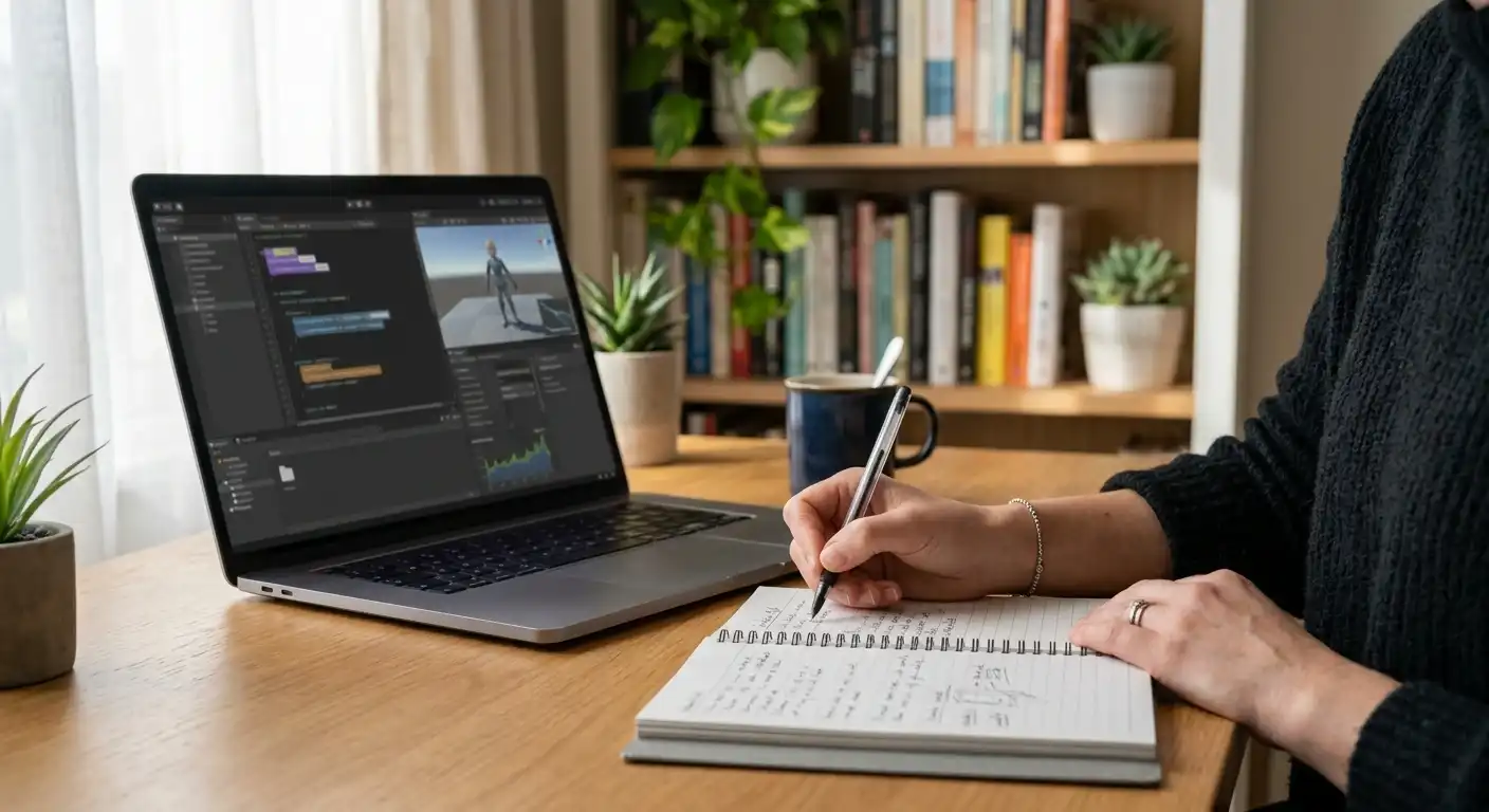Person mit Notizbuch neben Laptop und Spielgeldmodus