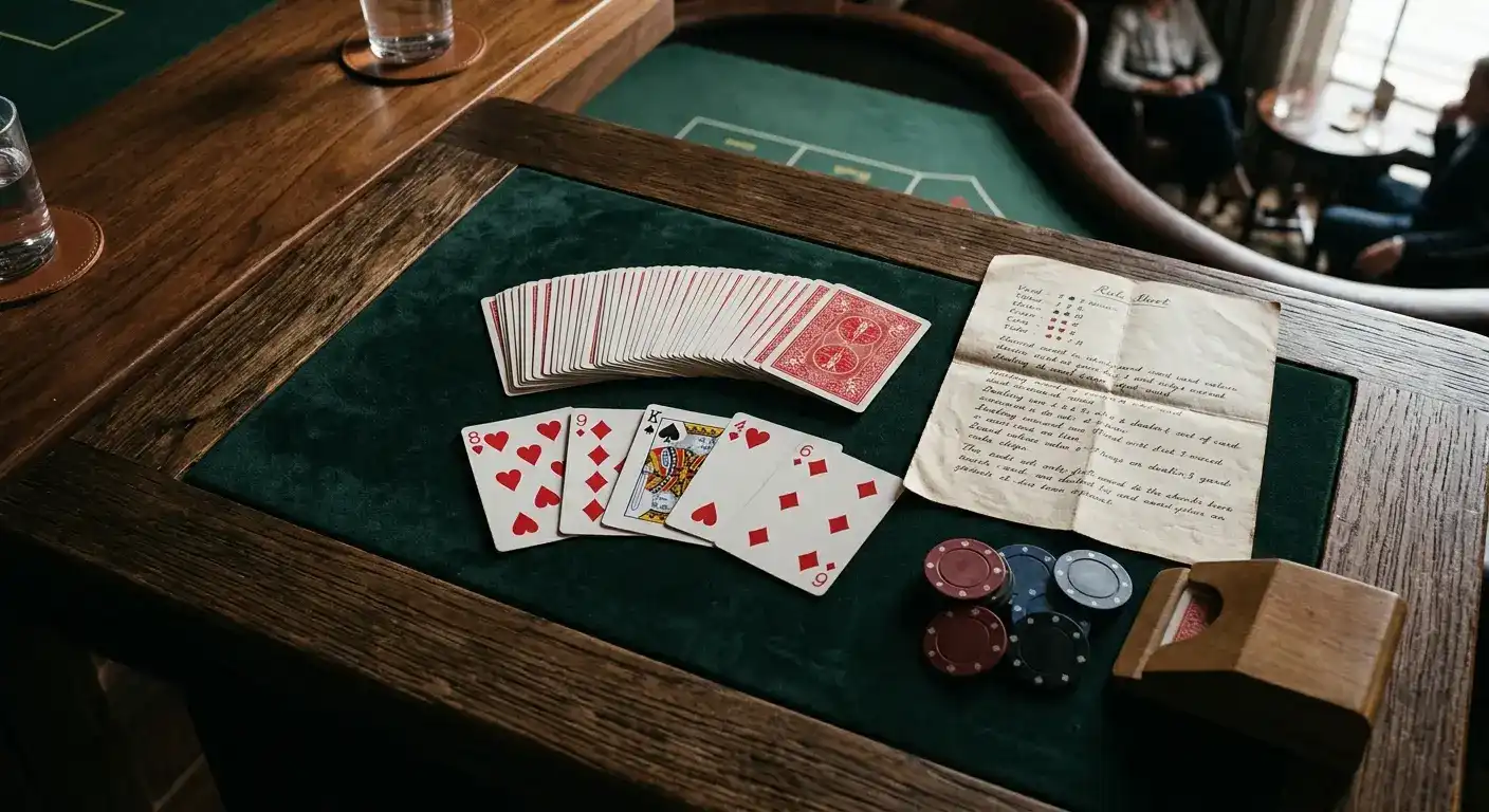 Baccarat-Karten und übersichtliches Regelblatt auf einem Tisch