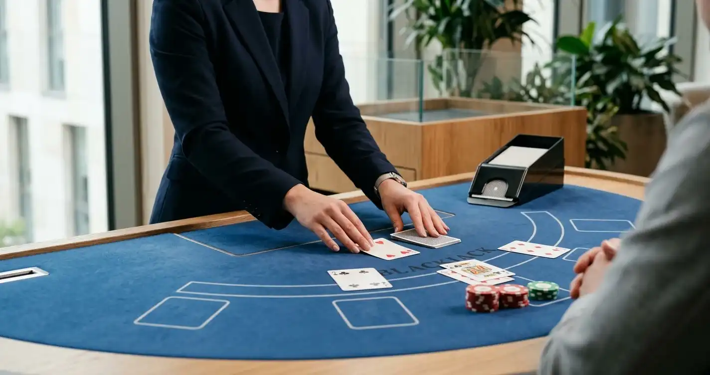 Live-Blackjack-Tisch mit Karten, Dealerhänden und deutscher Vergleichsnotiz
