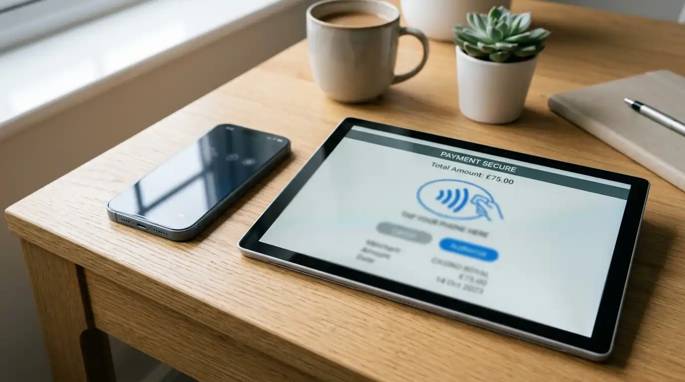 Modernes iPhone neben neutraler Casino-Kasse und sicherem Zahlungssymbol