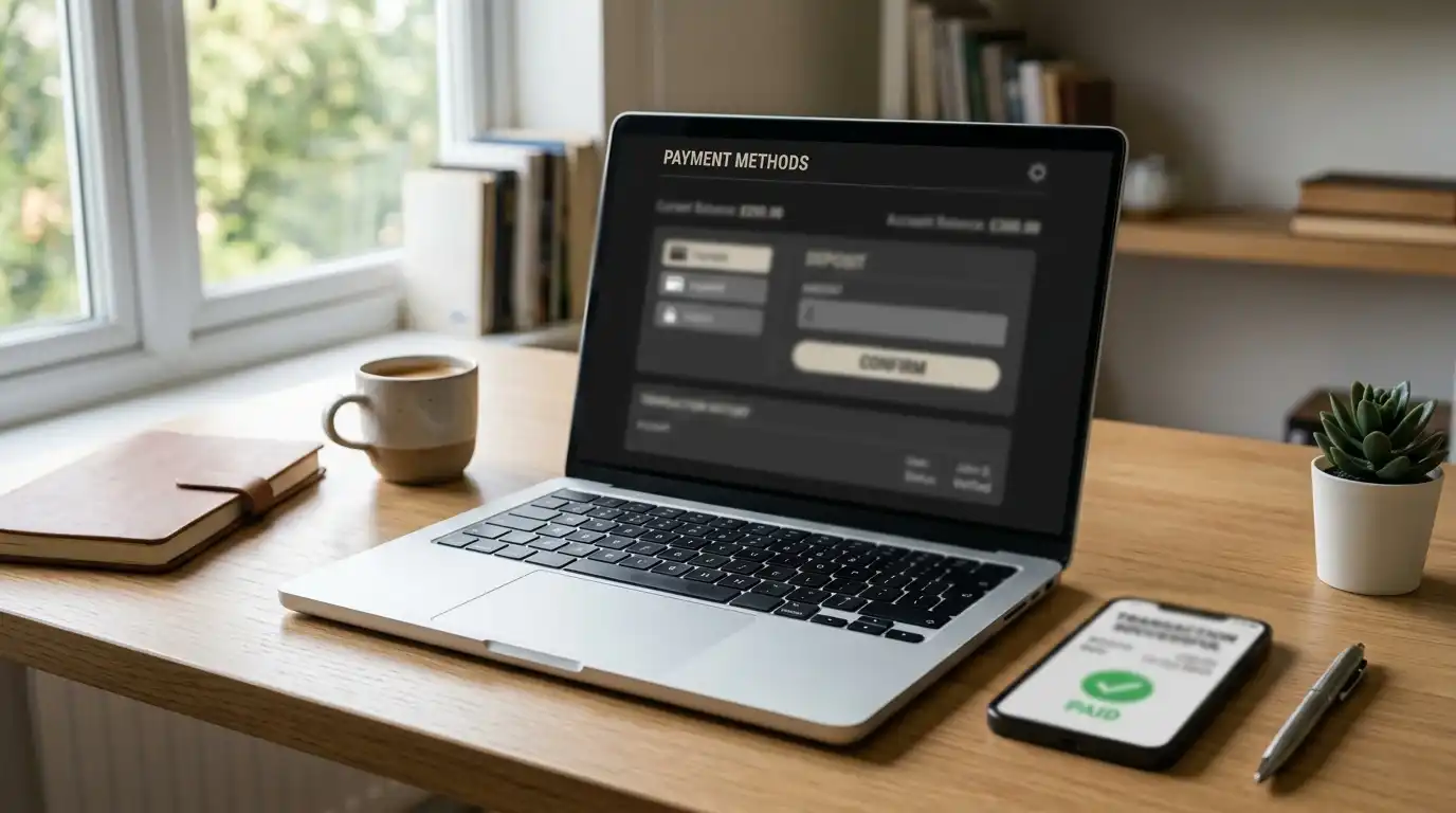 MuchBetter-Zahlung am Laptop mit neutraler Casino-Kassenansicht