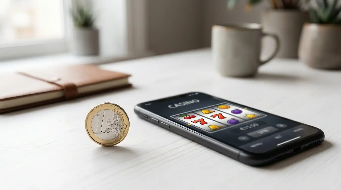 Ein Euro Münze neben einem Smartphone mit neutraler Casino-Oberfläche auf hellem Schreibtisch