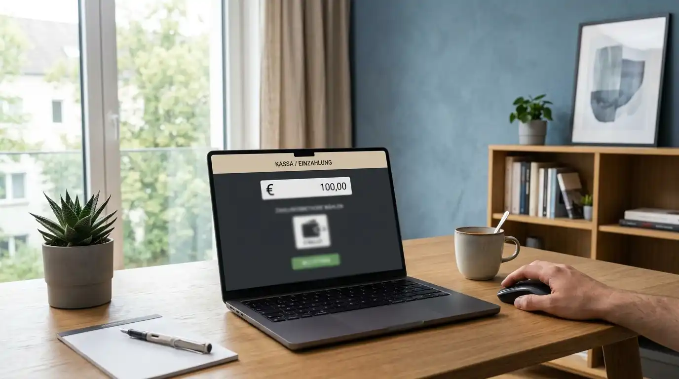Laptop mit neutralem Kassenbereich und Skrill-Zahlungssymbol im deutschen Online-Casino