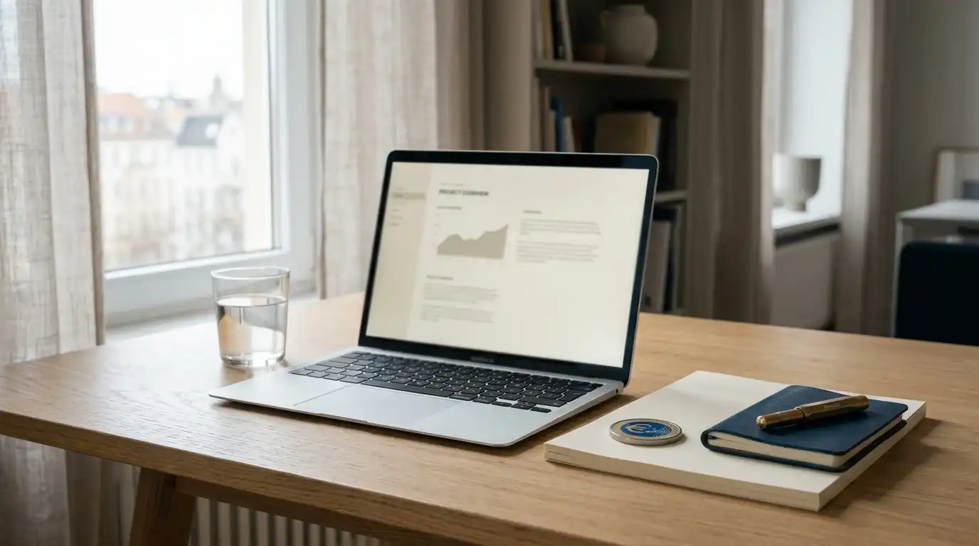 Aufgeräumter Schreibtisch mit Laptop, Notizbuch und einem symbolischen Euro-Marken als visuelle Einleitung zum Thema No-Deposit-Bonus in Deutschland
