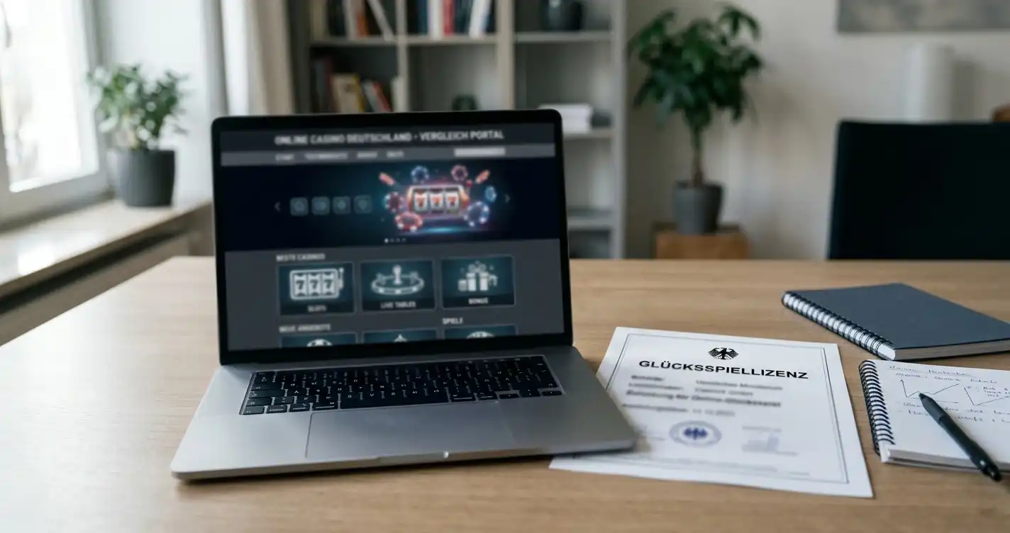 Vergleich deutscher und internationaler Online-Casinos an einem Schreibtisch