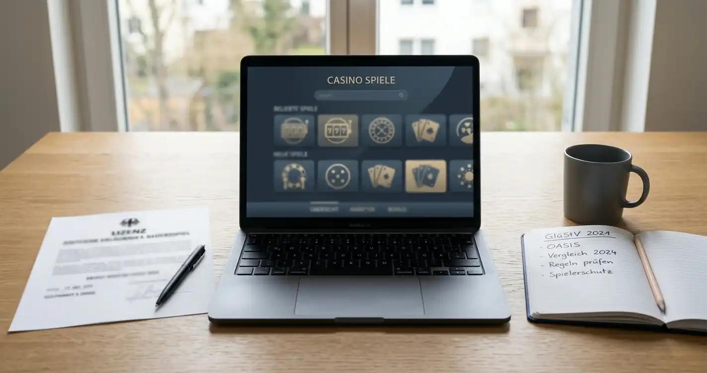 Vergleich deutscher und internationaler Online-Casinos an einem Schreibtisch