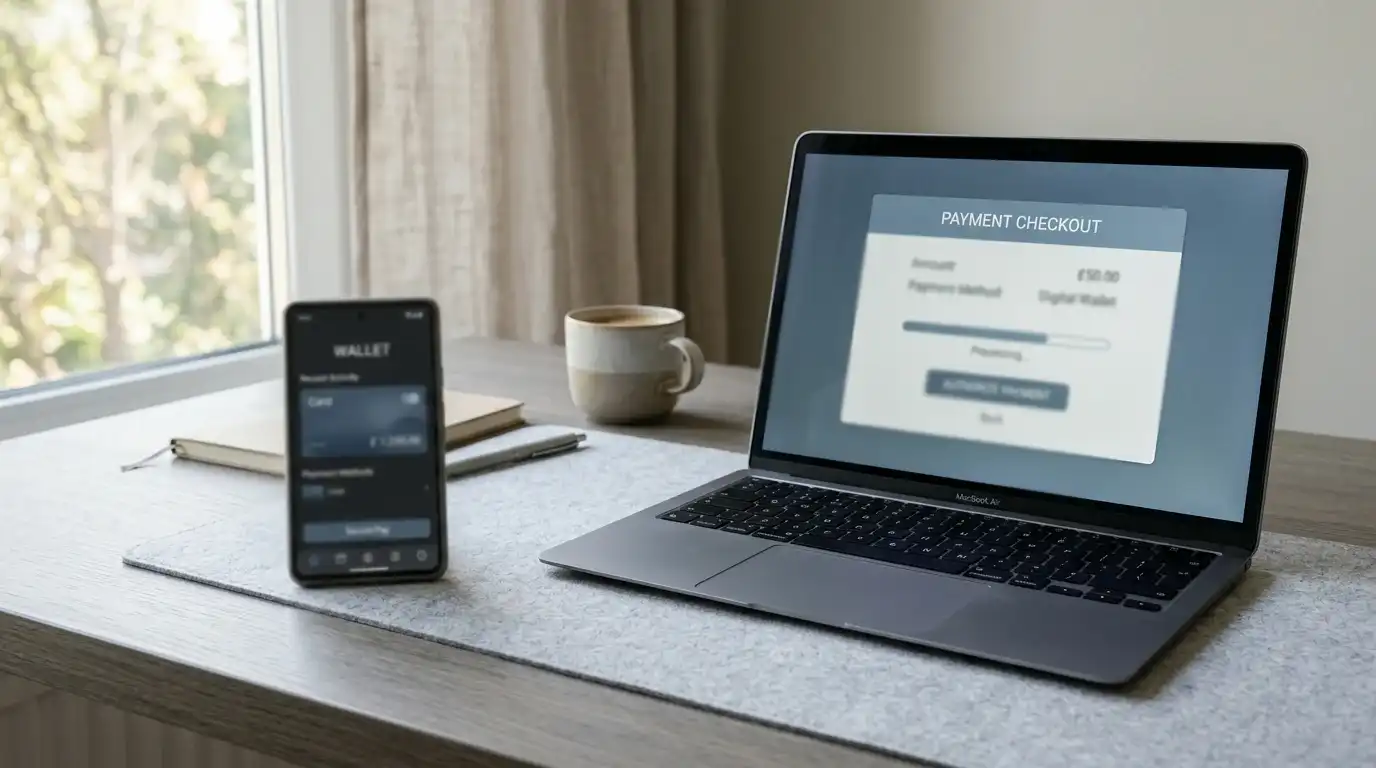Schreibtisch mit Smartphone und neutraler digitaler Wallet-Oberfläche