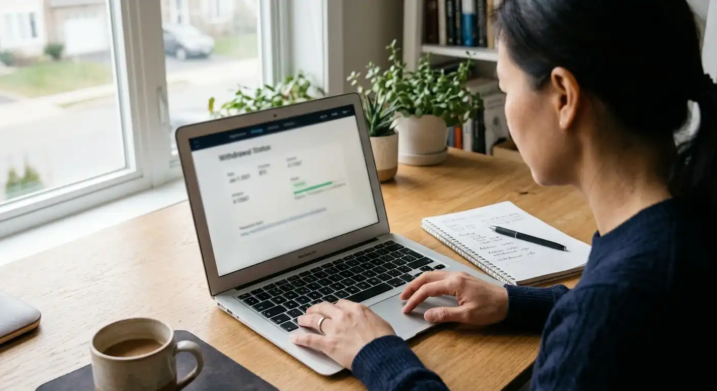 Person prüft eine Krypto-Auszahlung auf einem Laptop neben einer Wallet-Notiz