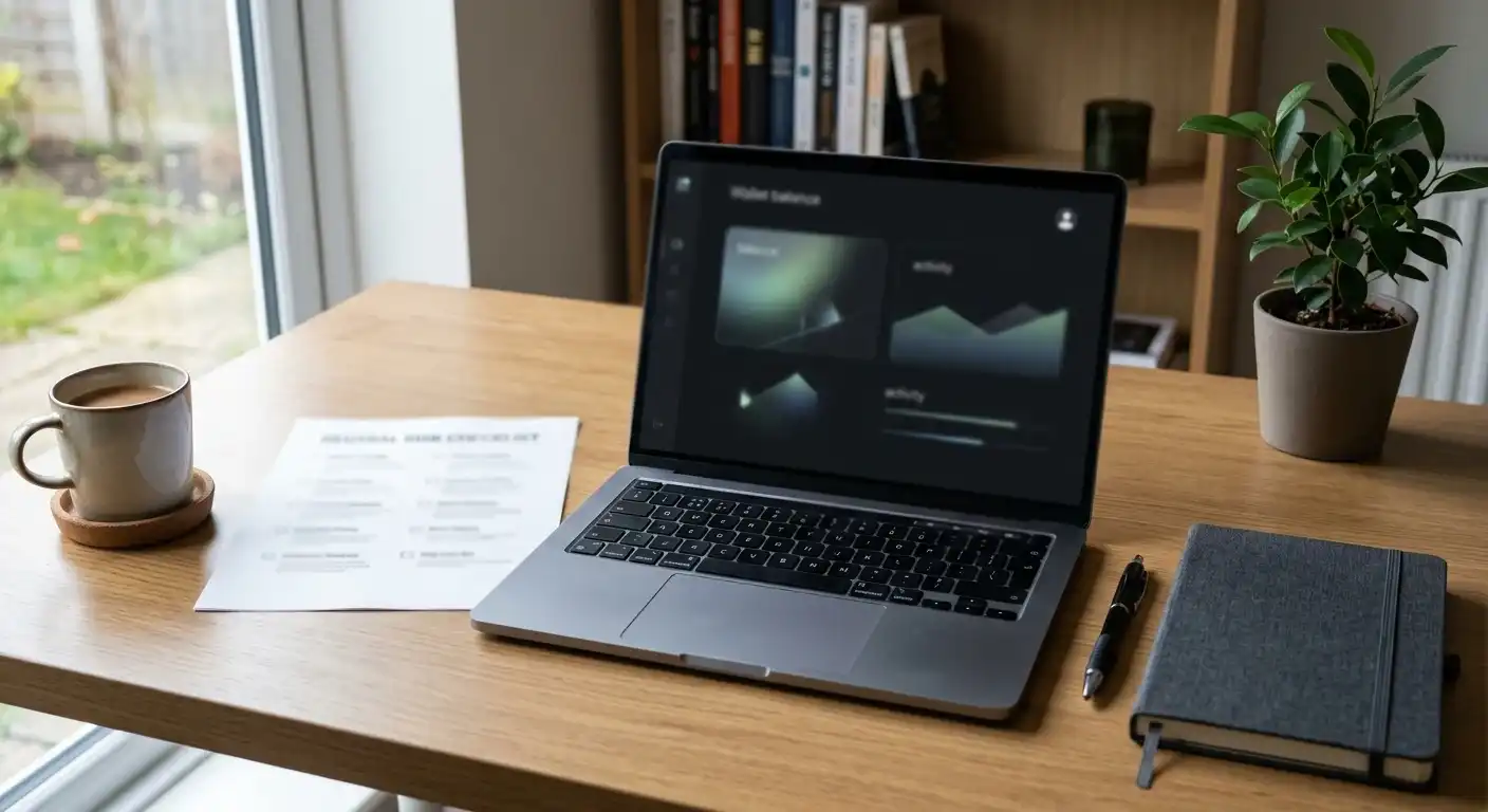 Neutrale Prüfliste mit Wallet- und Auszahlungsrisiken auf einem Schreibtisch