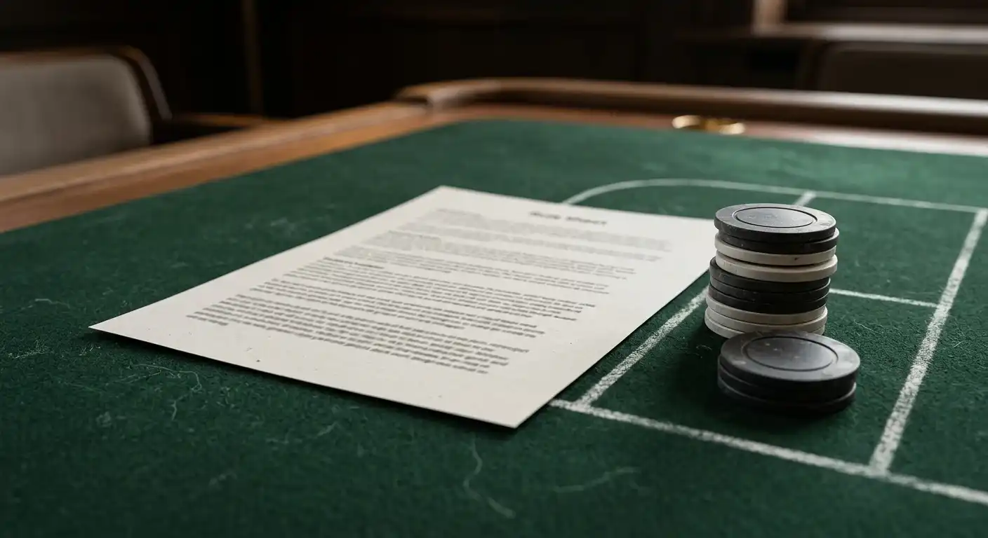 Neutrale Darstellung eines Blackjack-Regelblatts neben Spielchips ohne Logo