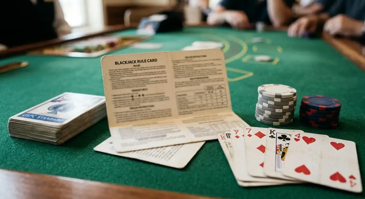 Offene Blackjack-Regelkarte mit Kartenstapel und neutralen Spielmarken