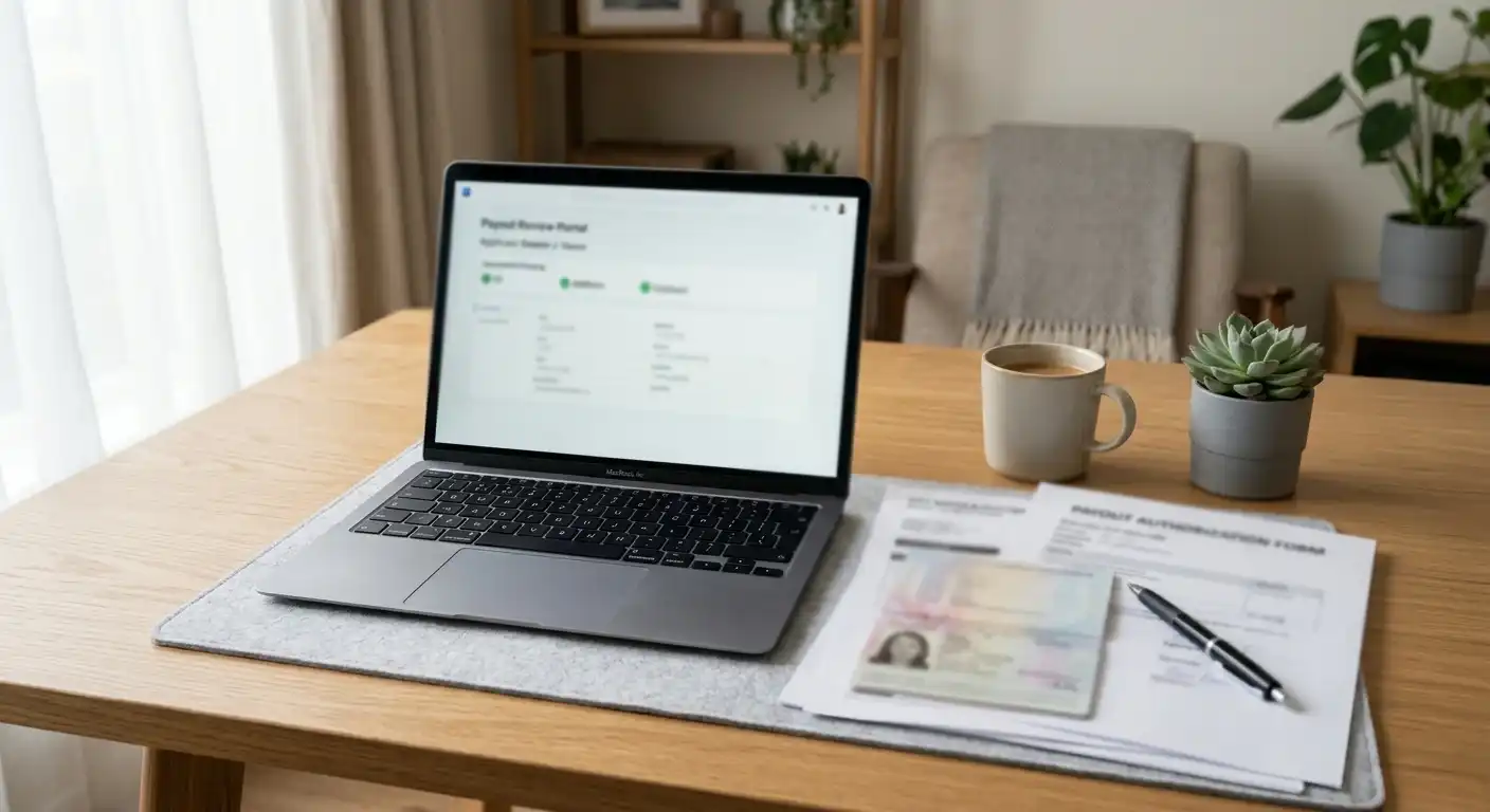 Dokumente zur Auszahlung und Identitätsprüfung neben einem neutralen Laptop