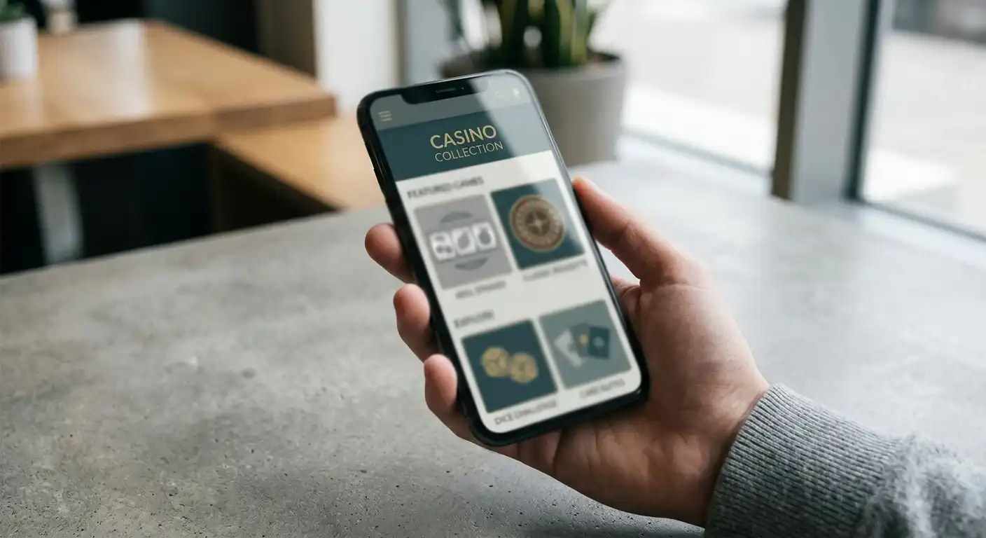 Mobile Casino-Spielauswahl mit neutralen Spielautomaten und Live-Tisch-Silhouetten