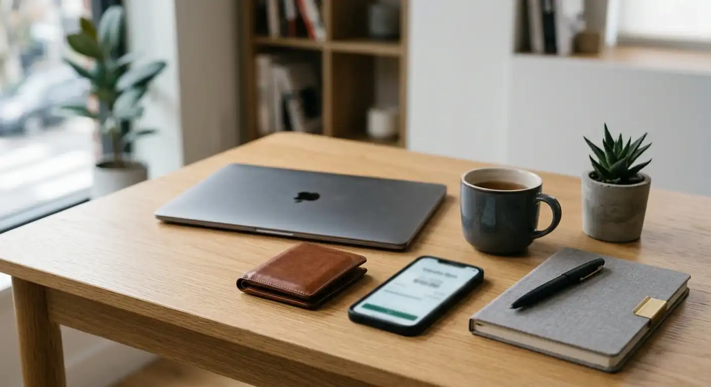 Kleiner Testbetrag und eigenes Wallet auf einem ordentlichen Schreibtisch