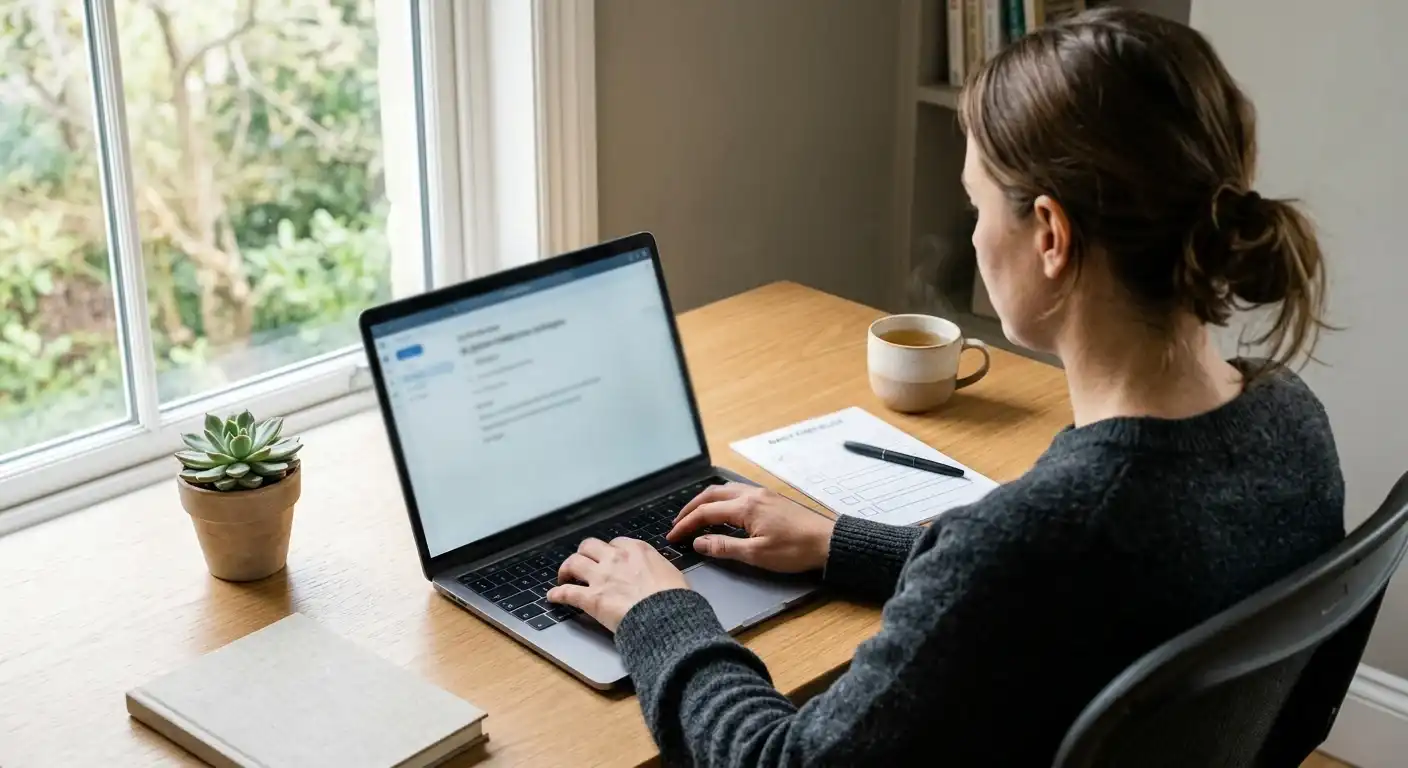 Person tippt eine Bestätigungs-E-Mail auf einem Laptop, daneben eine ausgedruckte Checkliste