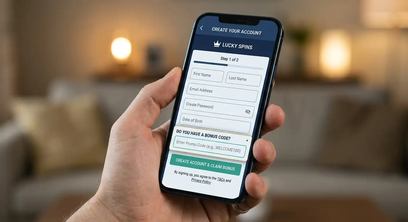 Smartphone mit Casino-Registrierungsformular und Bonuscode-Feld