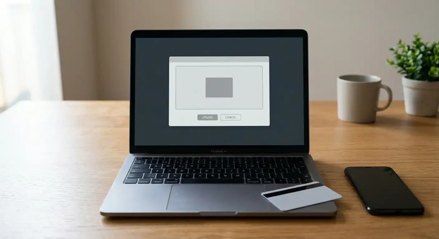 Ausweisdokument und Laptop bei der Identitätsprüfung vor dem ersten Einsatz