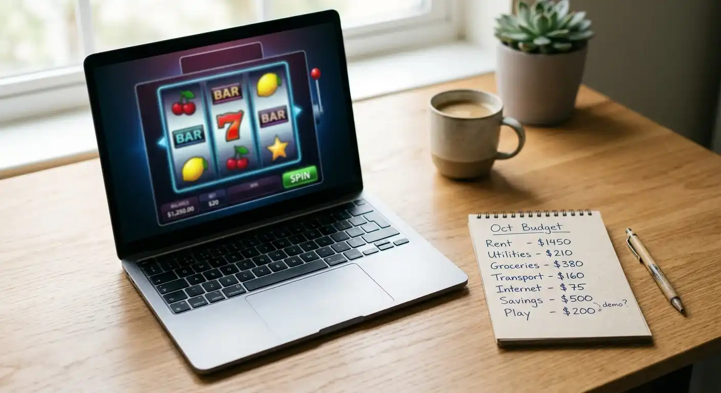 Laptop mit neutralen Demo-Walzen neben einer handschriftlichen Echtgeld-Budgetnotiz