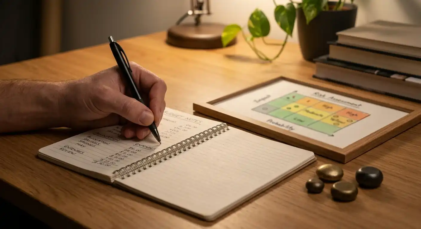 Person mit Stift und Notizbuch neben einer ruhigen Risikokurve