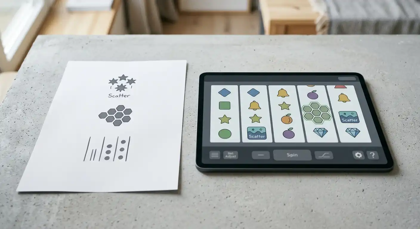 Neutrales Vergleichsblatt mit Walzen, Scatter-, Cluster- und Megaways-Symbolen