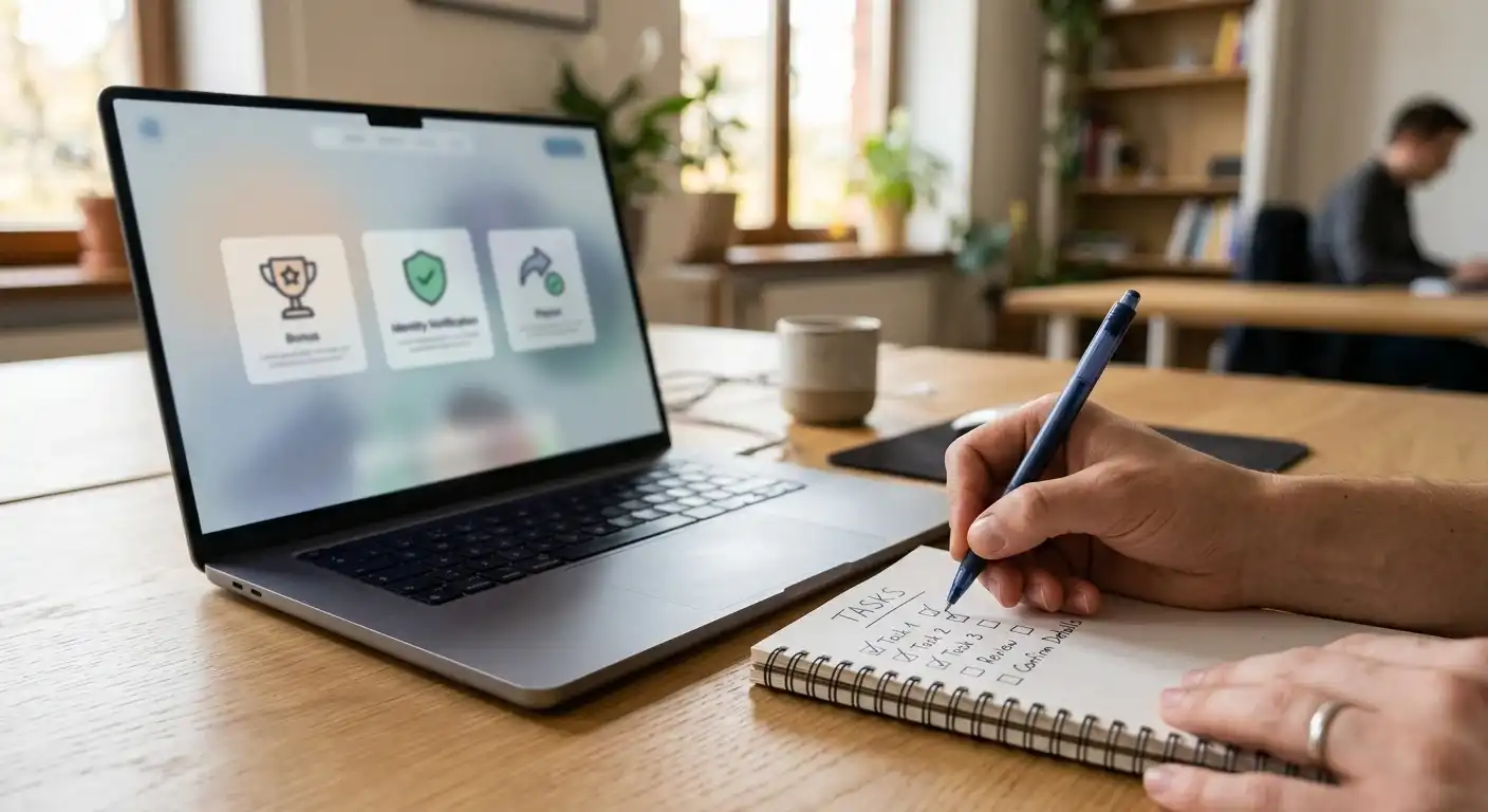 Person mit Stift und Checkliste für Bonus, KYC und Auszahlung