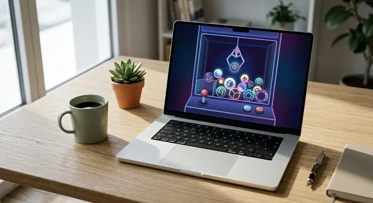 Laptop mit neutraler Spieloberfläche und stilisiertem Greifarm ohne Markenlogo