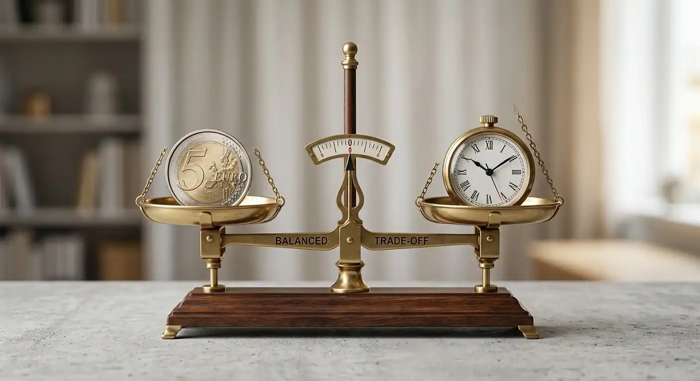 Waage mit 5-Euro-Münze auf der einen Seite und Uhr auf der anderen
