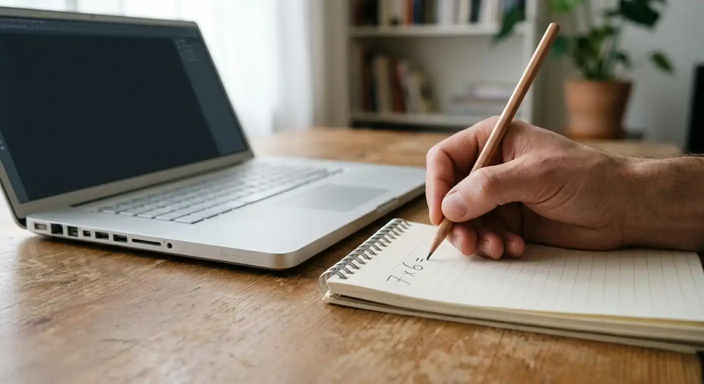 Handschriftliche Umsatzrechnung auf einem Notizblatt neben einem Laptop mit neutraler Spieloberfläche