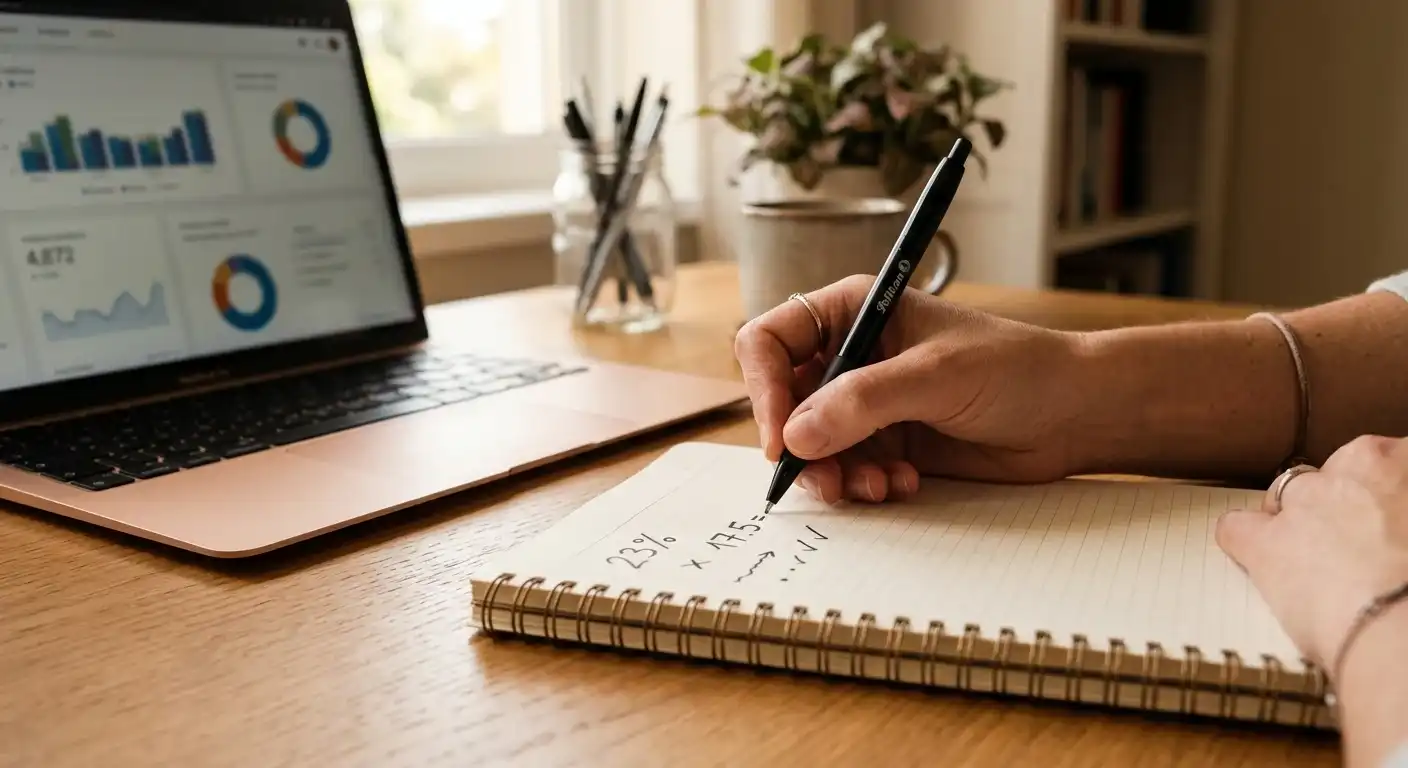 Handschriftliche Bonusrechnung mit Prozentzeichen und Umsatzpfeilen