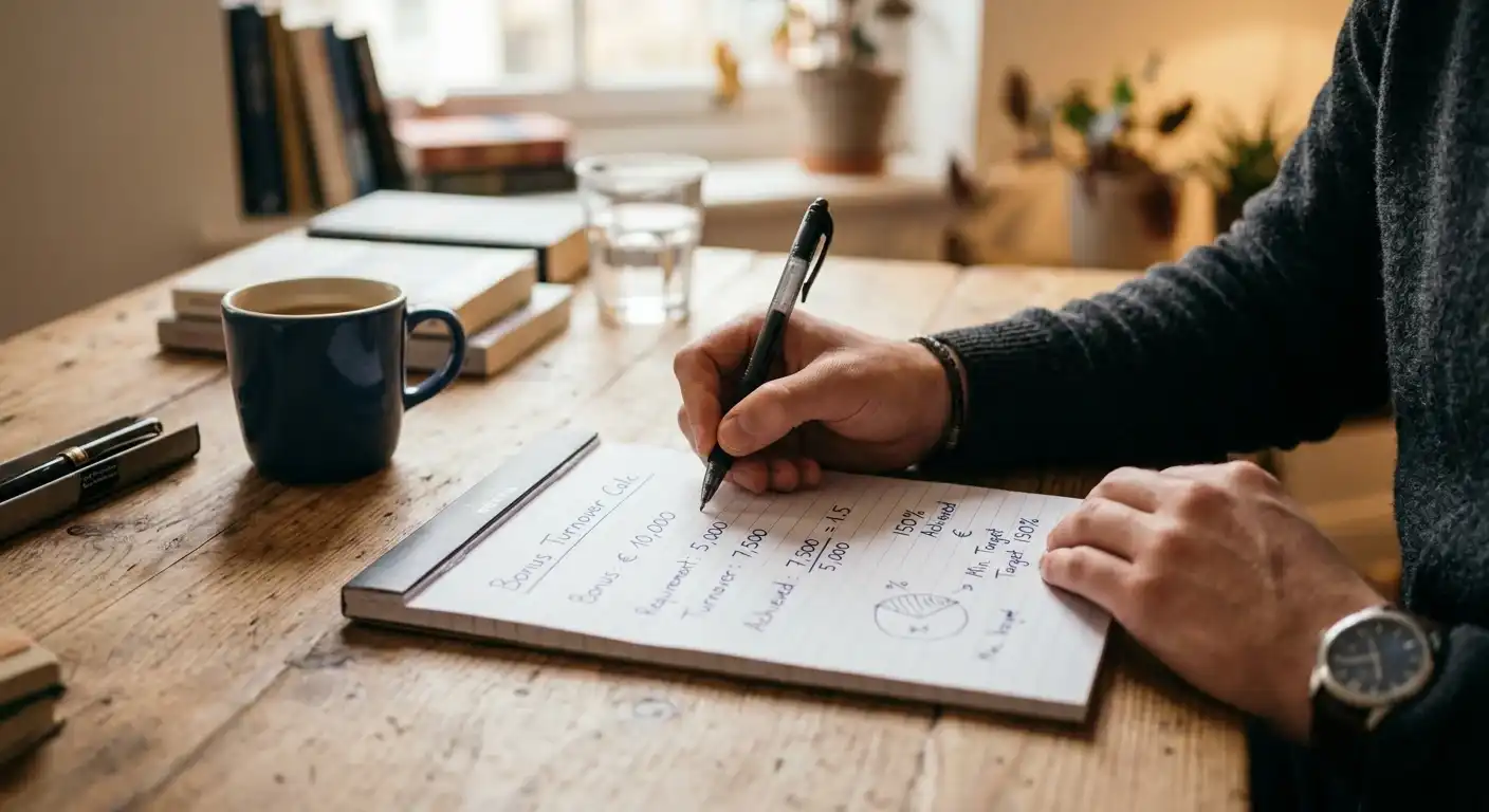 Person mit Stift und übersichtlicher Bonusrechnung auf einem Notizblatt