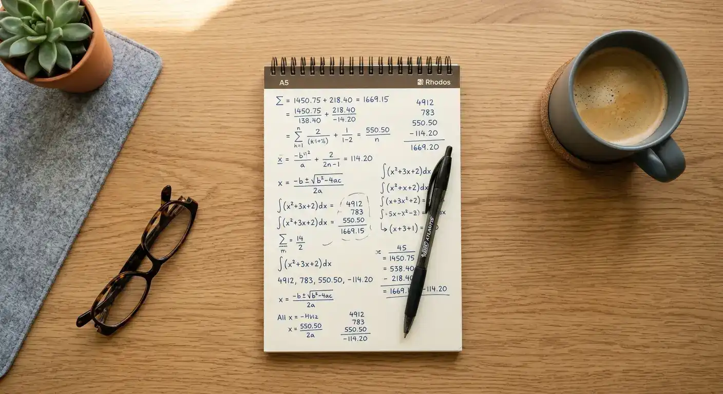 Taschenrechner und Notizbuch mit handschriftlicher Rechnung