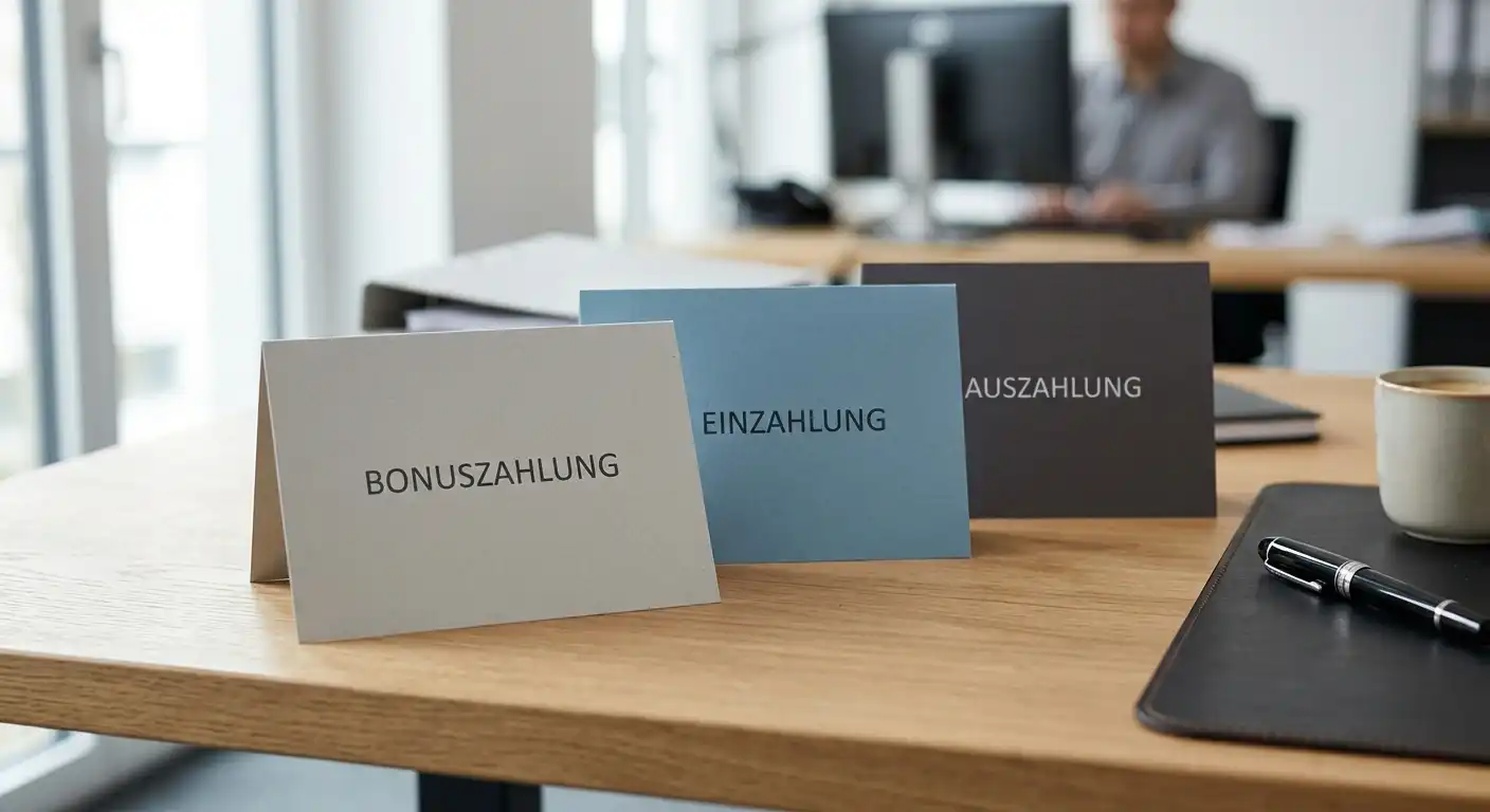Drei neutrale Dokumentkarten für Bonus, Einzahlung und Echtgeld