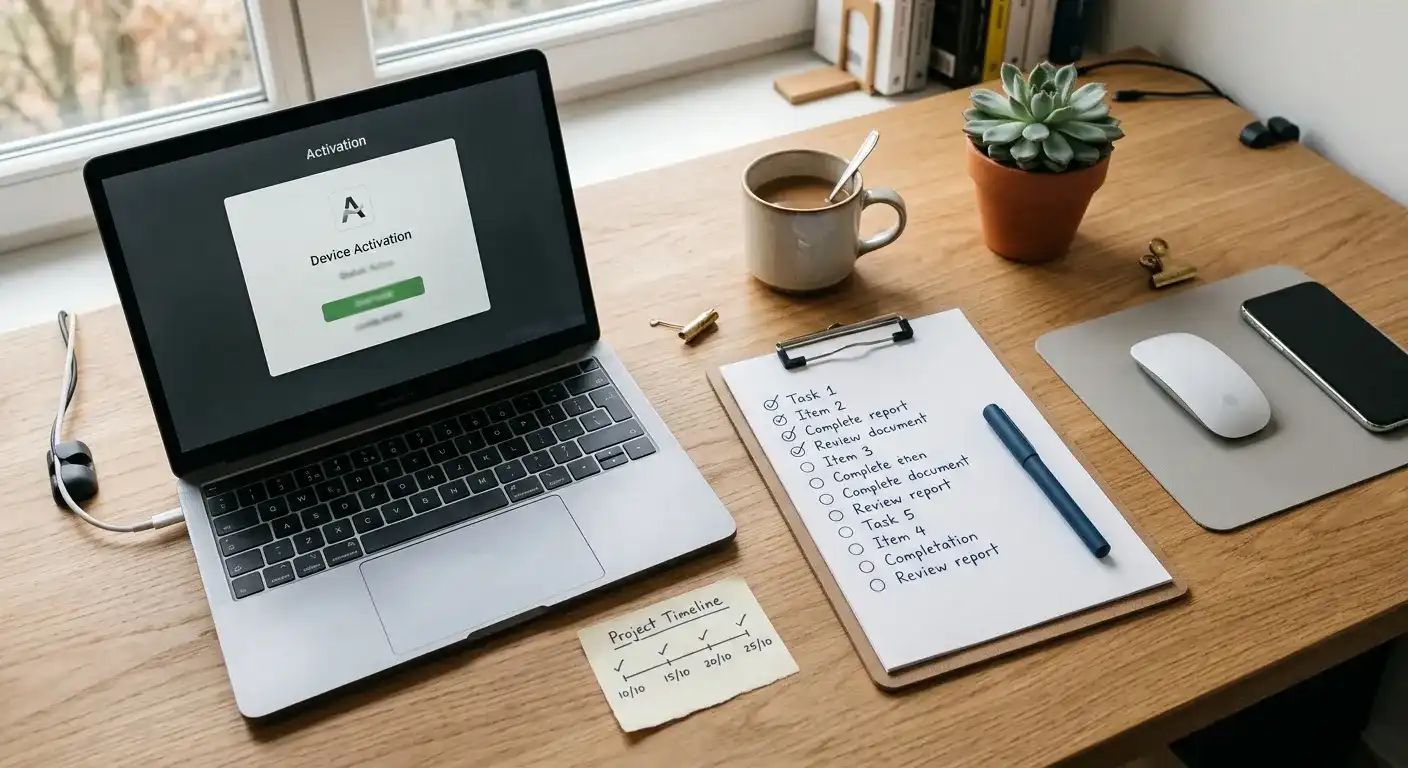 Checkliste zur Bonuscode-Aktivierung mit Datum und Bedingungen auf einem aufgeräumten Schreibtisch