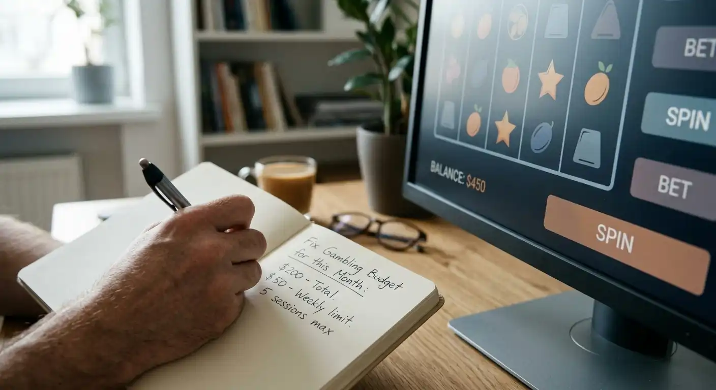 Person mit Notizbuch und festgelegtem Spielbudget neben neutralem Bildschirm