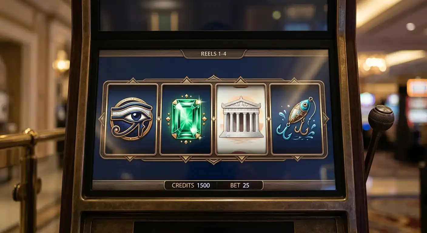 Vier verschiedene Spielautomaten-Symbole auf einem Bildschirm mit Slot-Bonussymbolen