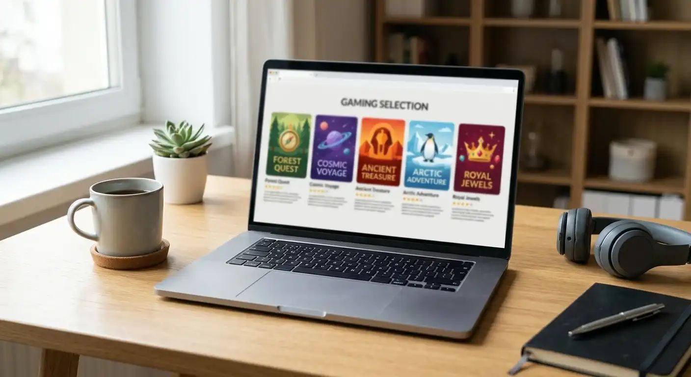 Vergleich mehrerer neutraler Themenwelten für Online-Spielautomaten auf einem Bildschirm
